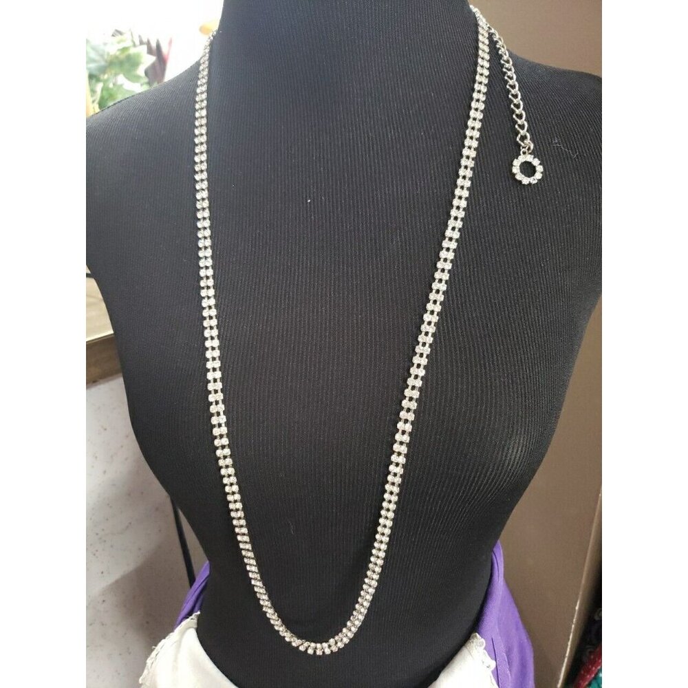 Vintage Silver Tone Clear Prong-set Rhinestone Necklace Adjustable 37-44 inches